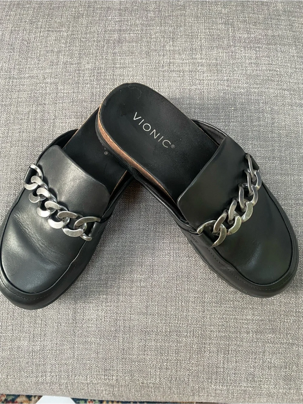 Vionic Black Slip-On Mules with Silver Chain Accent
